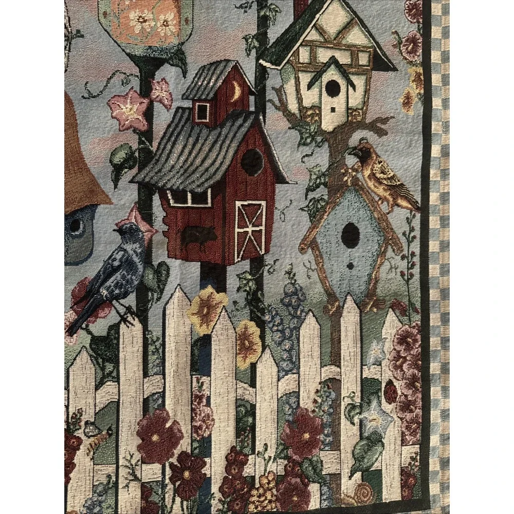 Vintage Birdhouse Bird Flowers Wall Hanging Tapestry Panel 34